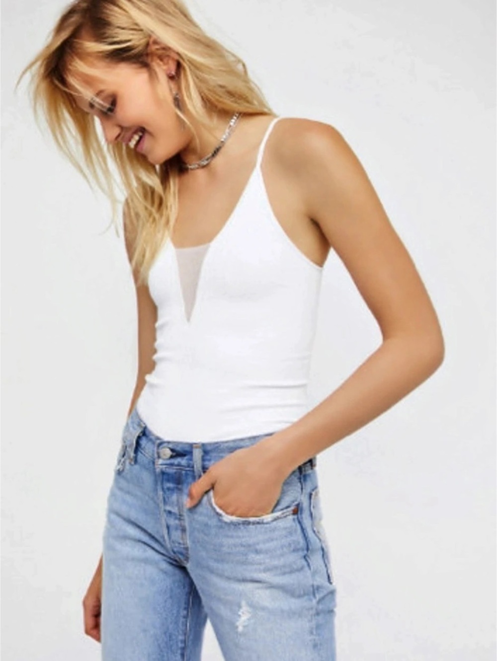 Free People Seamless V-Neck Cami White Ribbed Size Small